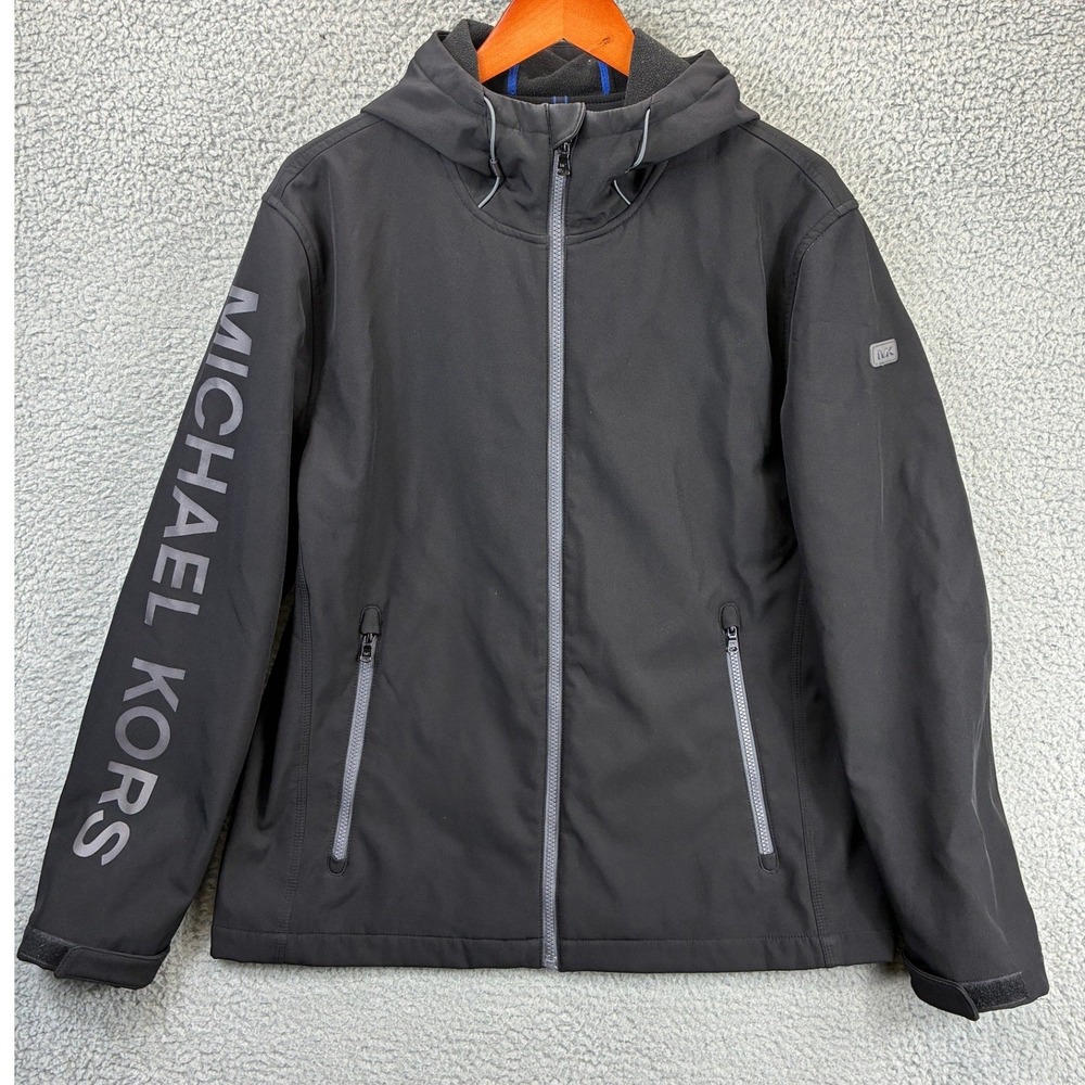 Michael Kors Softshell Hooded Jacket Mens L Gray Logo Utility Outdoor Casual